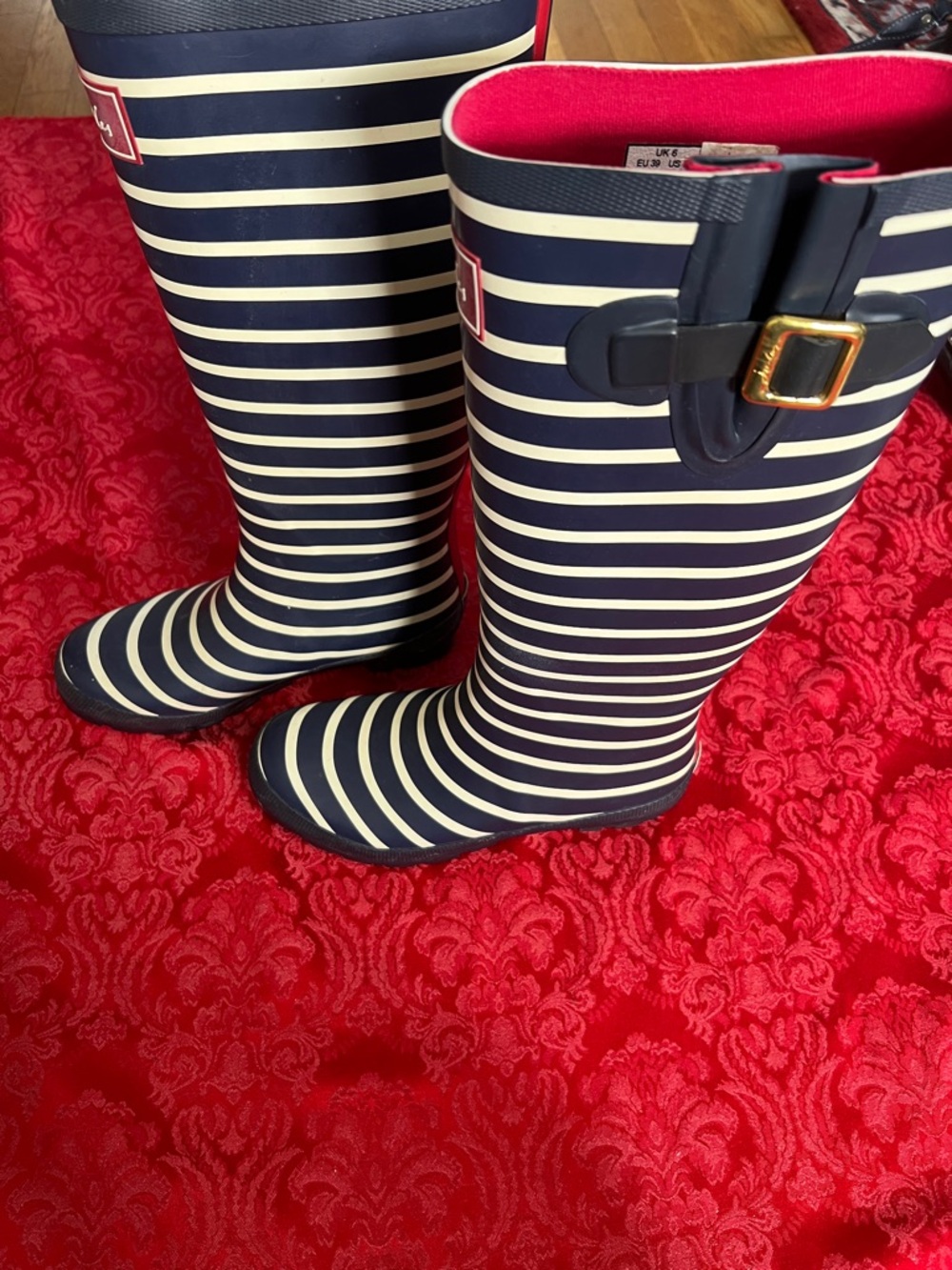 Joules Navy Cream Striped Tall Rain Boots Women’s US 8 UK 6 - Picture 4 of 10